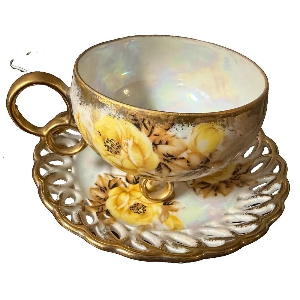 Vintage Royal Sealy China Japan Footed Teacup Saucer Yellow Roses Gold Luster